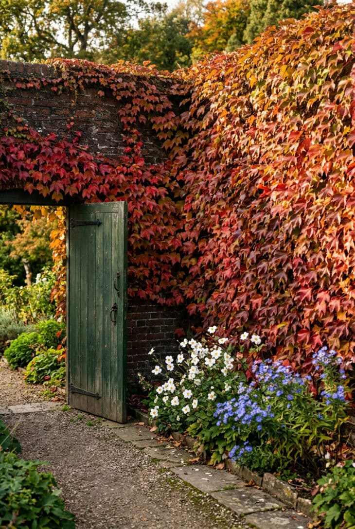 Brick garden wall covered in crimson and scarlet Boston ivy around a dark green wooden gate