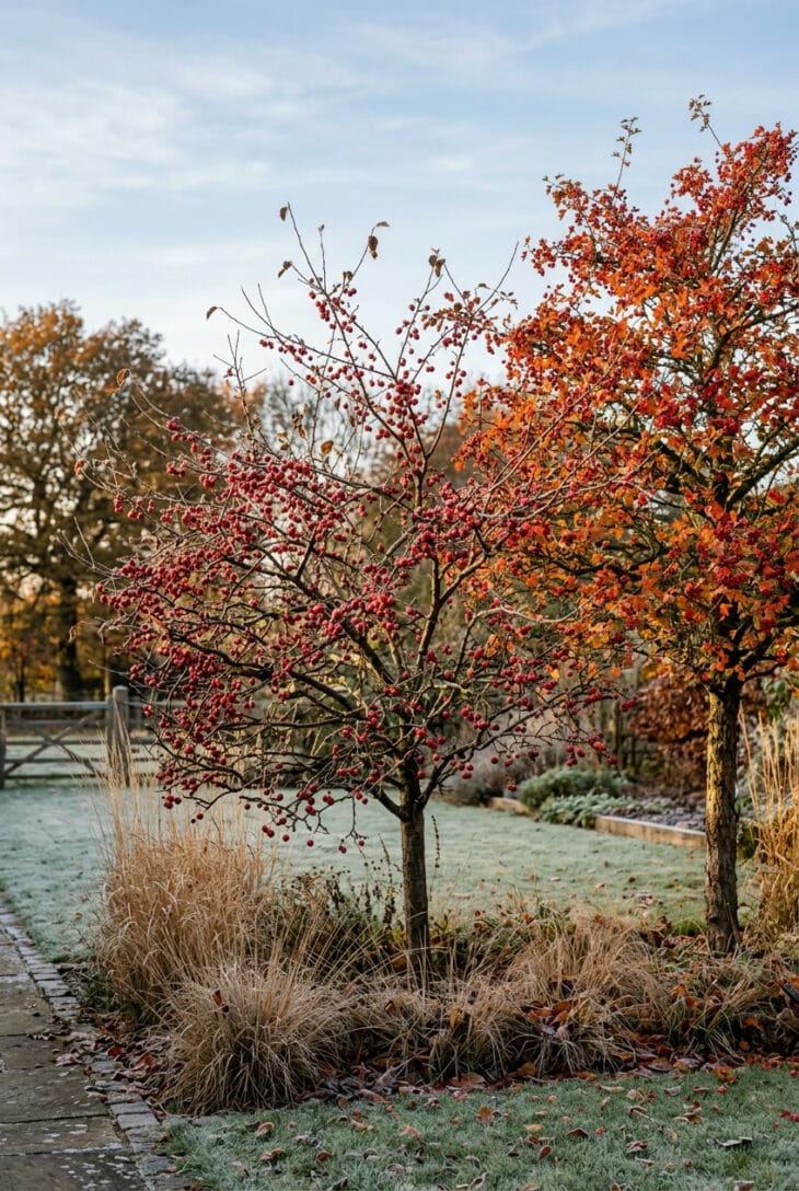 Crabapple tree hung with tiny red fruit beside a hawthorn with orange leaves and red berries on a frosty lawn