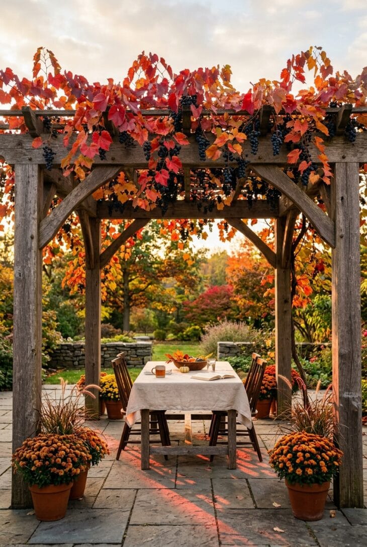 Wooden pergola over a stone patio covered in an ornamental grapevine with huge crimson and orange leaves above a table