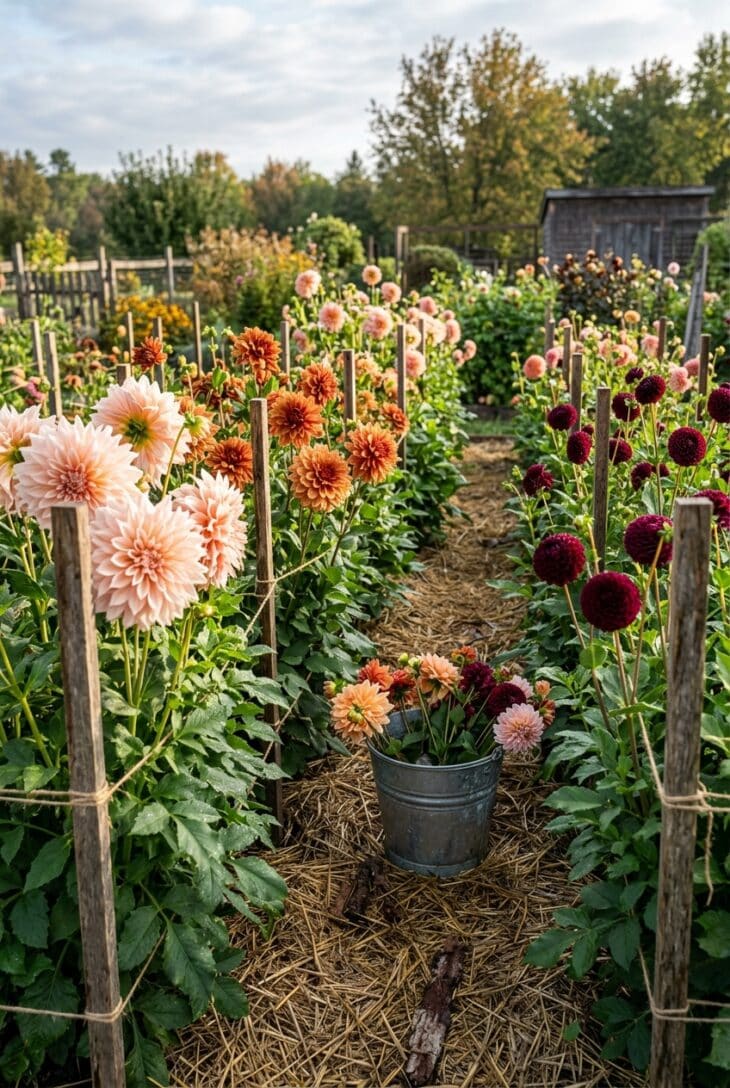 Dahlia cutting bed with peach, bronze, orange and burgundy blooms and a galvanized bucket of cut stems on a straw path