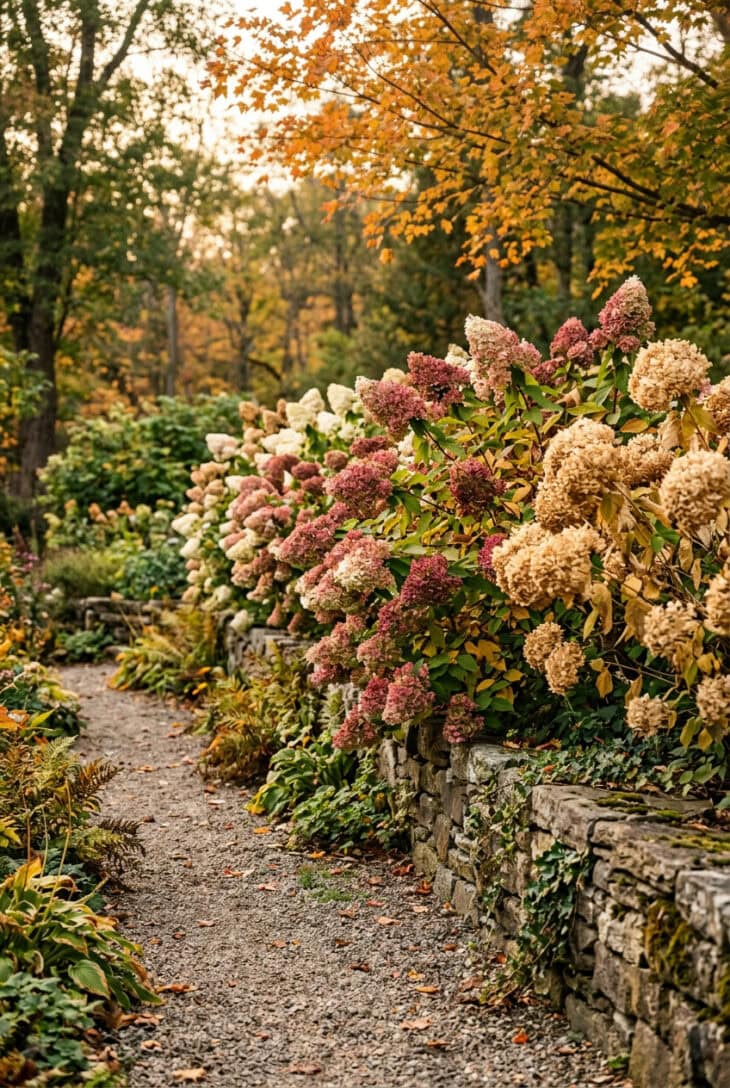 Panicle hydrangeas aged to antique pink and burgundy beside a smooth hydrangea with papery tan flower heads along a stone wall