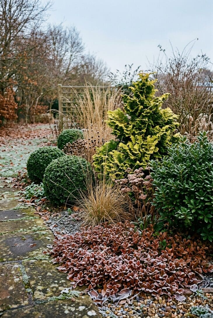 Late fall bed with boxwood balls, a golden dwarf hinoki cypress, inkberry holly and bronze bearberry groundcover among tawny grasses