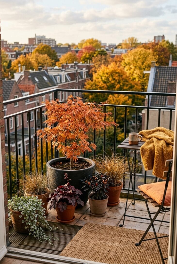 Apartment balcony with a potted dwarf Japanese maple, heuchera, ornamental peppers and bronze grass beside a bistro table