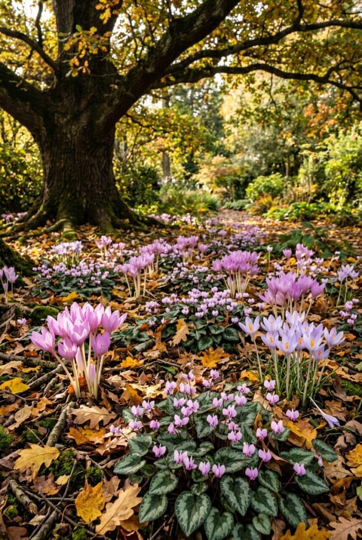 Lilac colchicum, violet fall crocus and pink hardy cyclamen with marbled leaves under a tree among fallen leaves