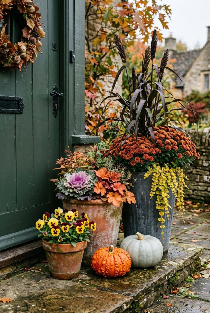 Three fall planters with purple millet, bronze mum, ornamental kale, orange heuchera and pansies beside a green front door with small pumpkins