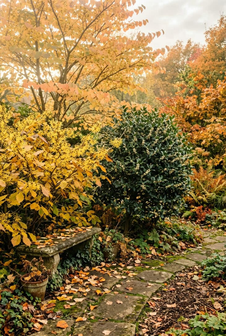 Witch hazel with spidery yellow flowers, evergreen osmanthus and an apricot katsura tree above a stone bench