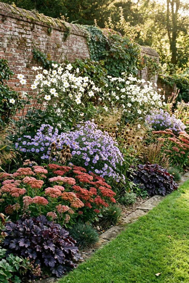 Late September perennial border of white Japanese anemones, lavender asters and rusty pink sedum in front of a brick wall