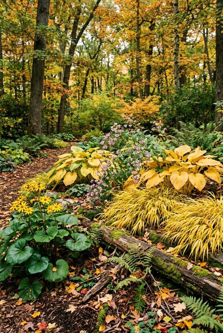 Shade bed with butter-yellow hostas, golden Japanese forest grass, spotted toad lilies and yellow-flowered leopard plant
