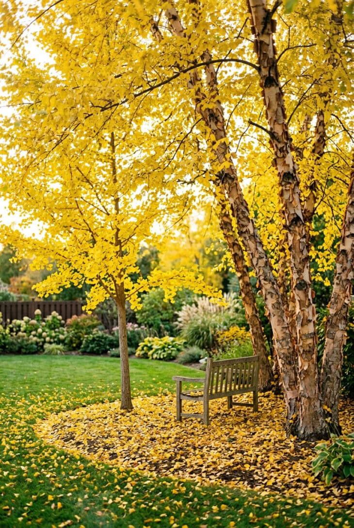 Grove of river birches and a ginkgo in butter-yellow fall color over a carpet of yellow leaves with a wooden bench