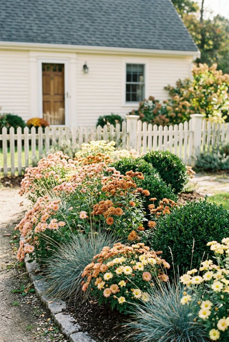 Flower bed of loose peach-pink, bronze and pale yellow hardy chrysanthemums with blue grass and boxwood by a picket fence