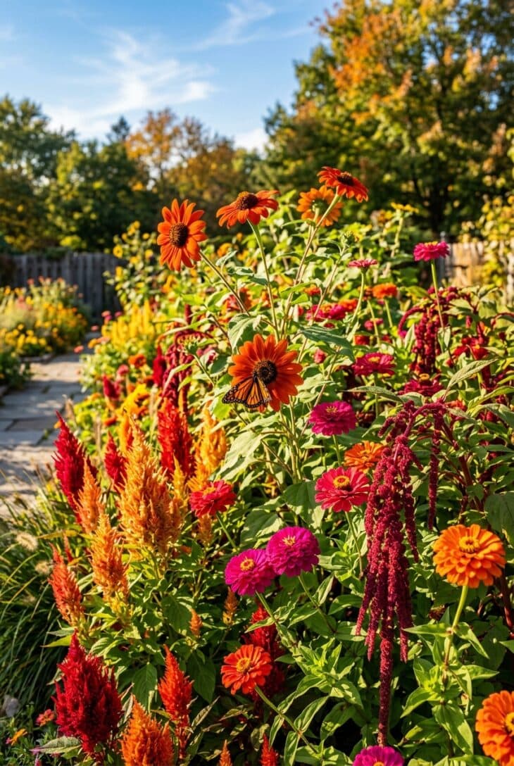 Annual bed of orange Mexican sunflowers, plumed celosia, zinnias and crimson amaranth with a monarch butterfly