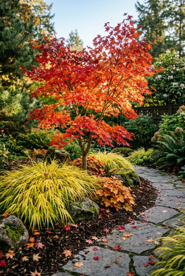 Small Japanese maple in scarlet fall color above golden Japanese forest grass and orange heuchera beside a stone path