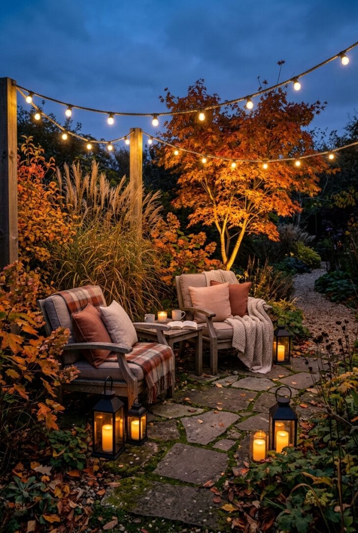 Flagstone seating nook at dusk with blanketed chairs, lanterns, string lights and an uplit orange maple among tall grasses
