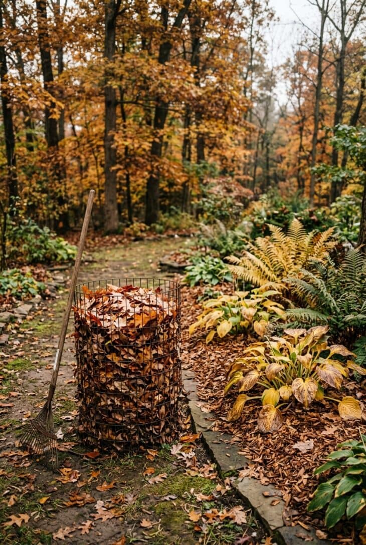 Wire bin full of fallen leaves beside a bed mulched with shredded leaves around yellowing hostas and ferns