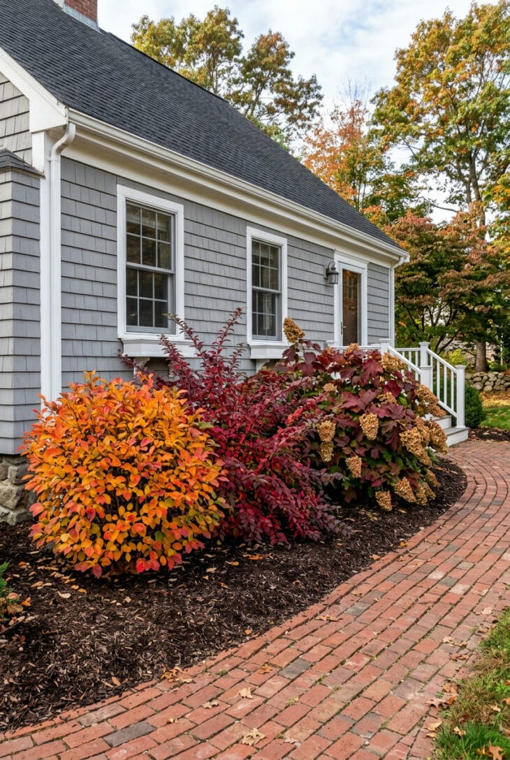 Native shrubs in fall color: orange fothergilla, wine-red Virginia sweetspire and burgundy oakleaf hydrangea along a house front