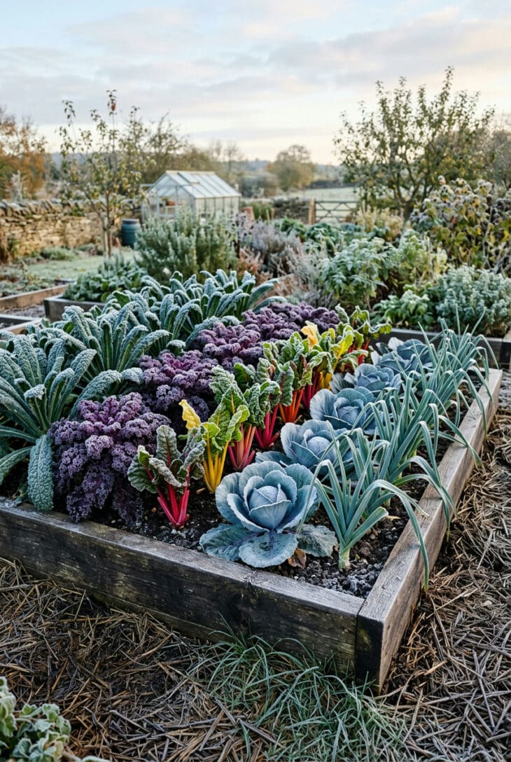 Frosted raised bed of lacinato and purple kale, rainbow chard, red cabbages and blue-green leeks