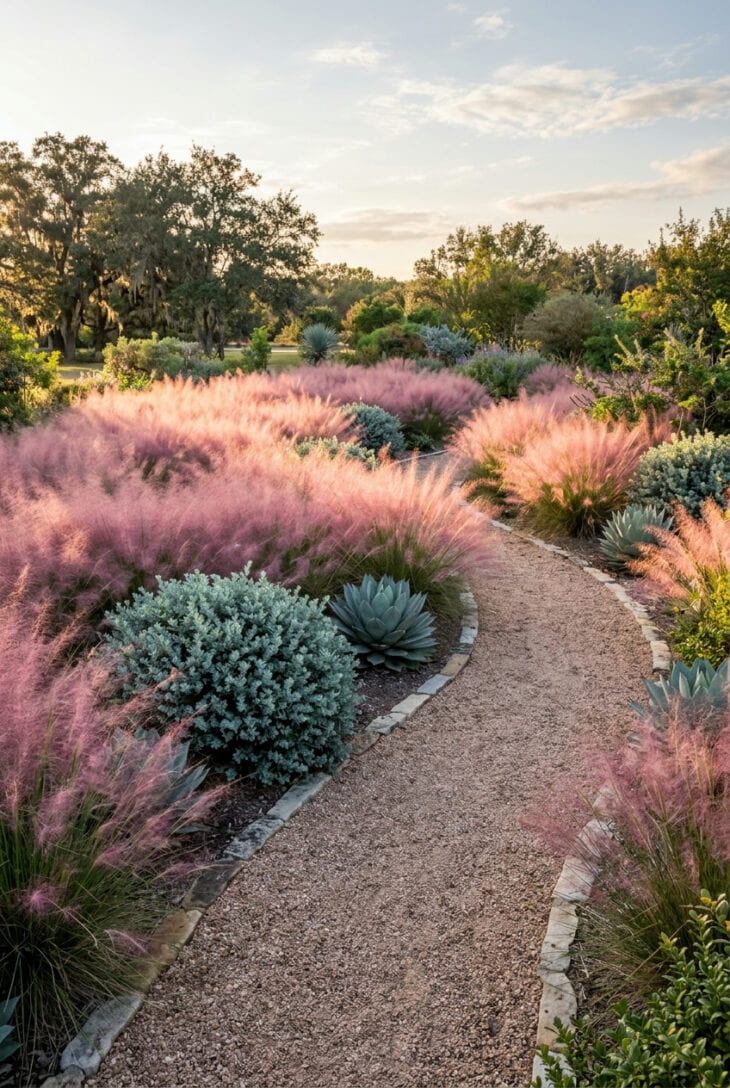Mass of pink muhly grass forming a glowing rosy haze along a curving gravel path in low sun