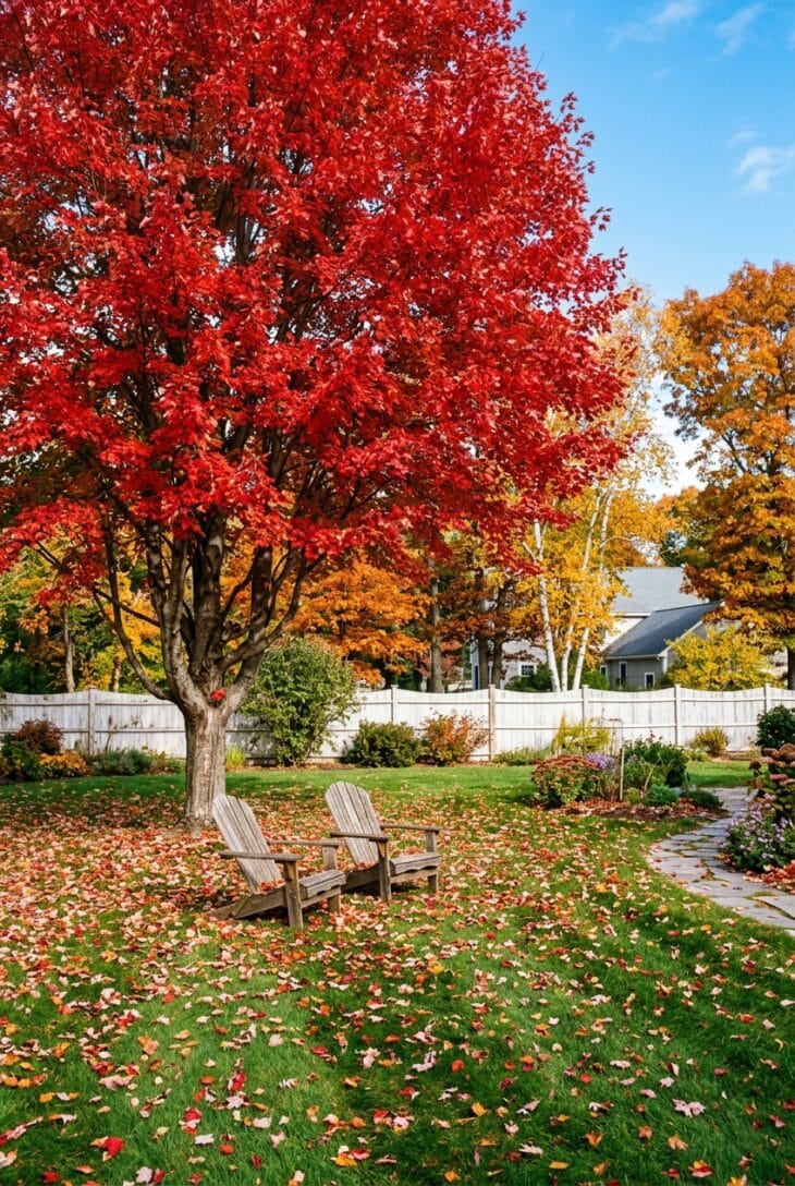 Mature red maple in scarlet fall color shading a backyard lawn with two Adirondack chairs and fallen red leaves