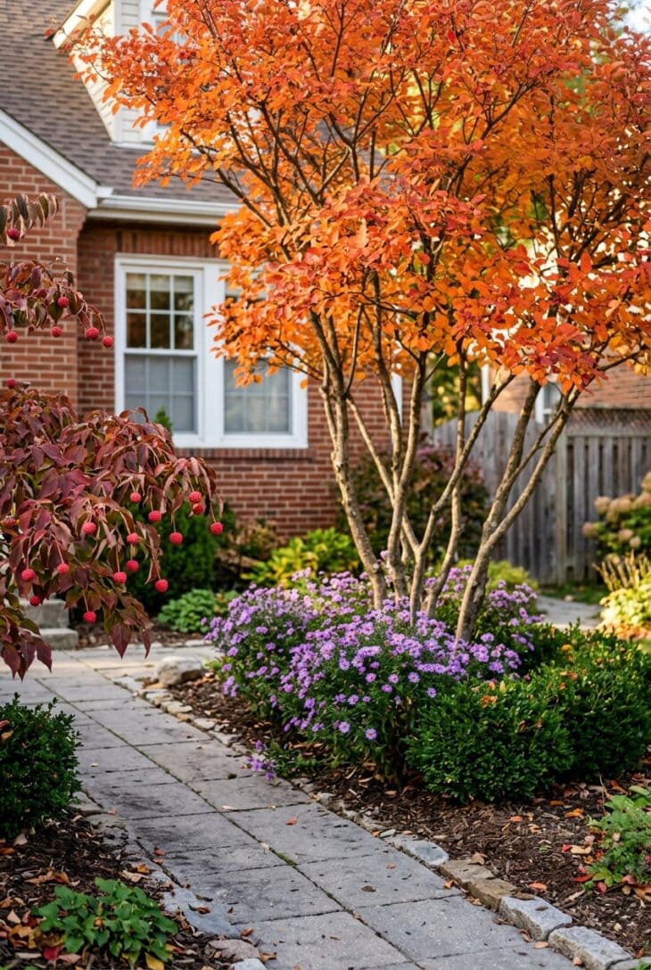 Multi-stemmed serviceberry in orange fall color and a kousa dogwood with red fruit in a small front yard bed