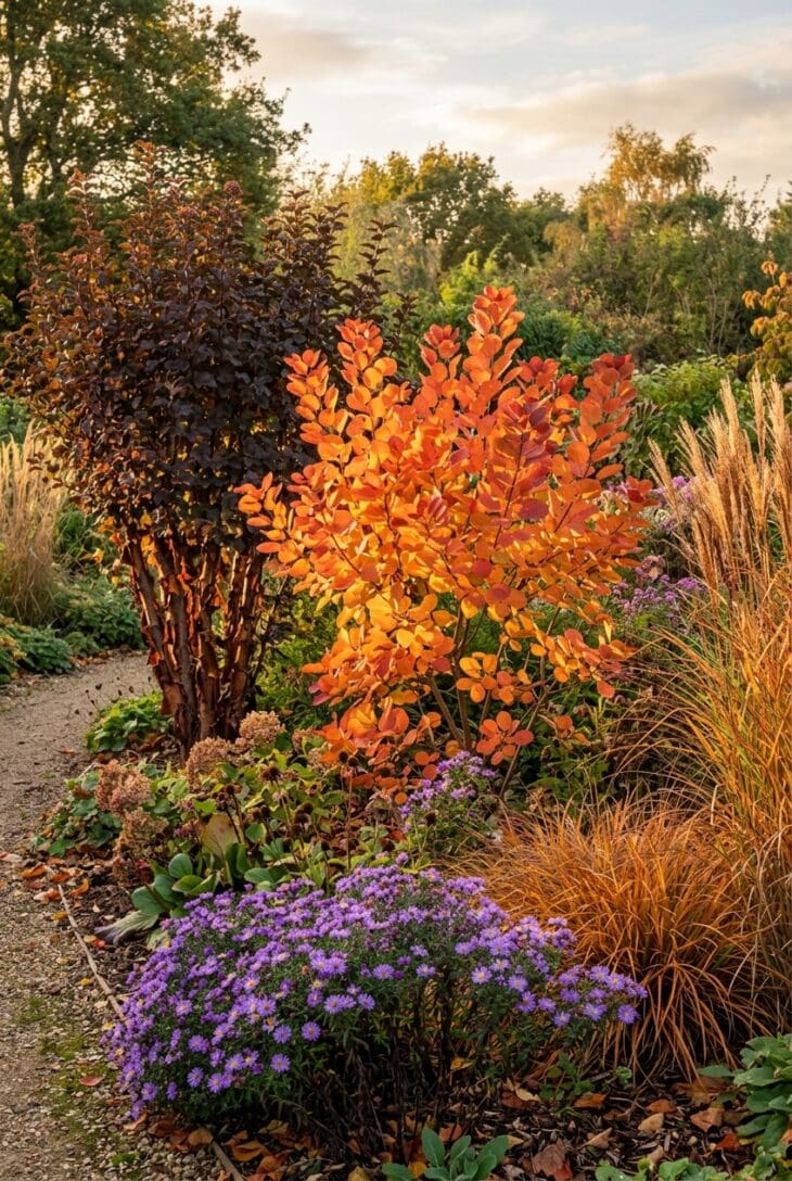 Shrub border with a smoke bush glowing orange and scarlet beside burgundy ninebark, bronze sedge and purple asters