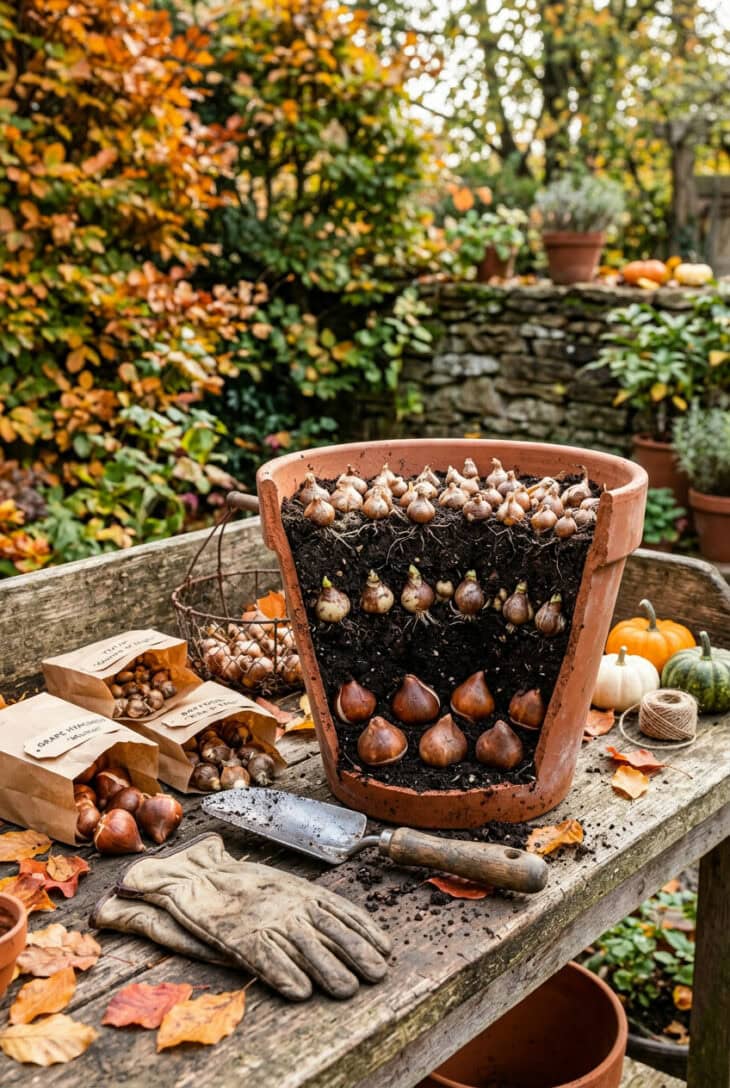 Terracotta pot being planted with layers of tulip, daffodil and grape hyacinth bulbs on a potting bench with gloves and a trowel
