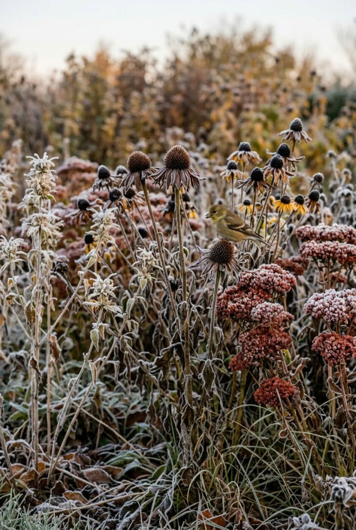 Frosted coneflower, black-eyed susan and sedum seedheads left standing with a goldfinch feeding on a coneflower