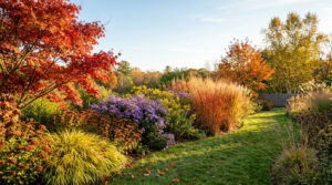 Backyard garden in October with a scarlet Japanese maple, purple asters, goldenrod and backlit copper grasses along a curving grass path