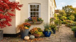Stone terrace in October with a pansy window box and a group of fall planters of copper sedge, heuchera, mums and orange violas