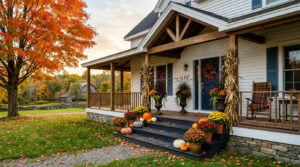 Covered front porch in October with mums and heirloom pumpkins on the steps, tall urns of purple fountain grass and corn stalks on the posts