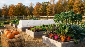 Backyard vegetable garden in October with raised beds of rainbow chard, kale and lettuce, a row-cover tunnel and pumpkins curing on a straw bale