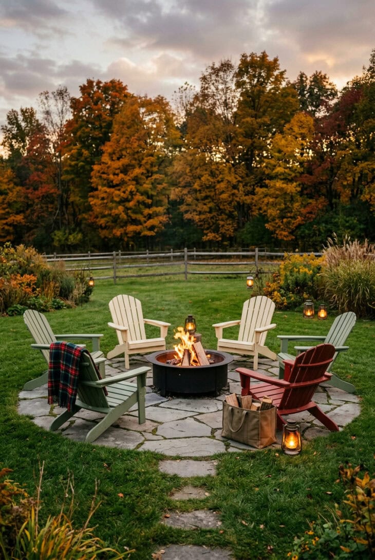 Painted Adirondack chairs around a steel fire pit on a small flagstone pad in an open lawn at dusk