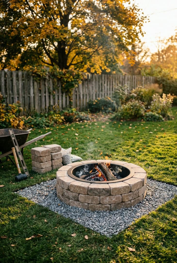 Newly built round fire pit of tumbled concrete wall blocks with a steel liner, beside a wheelbarrow and tools on a lawn