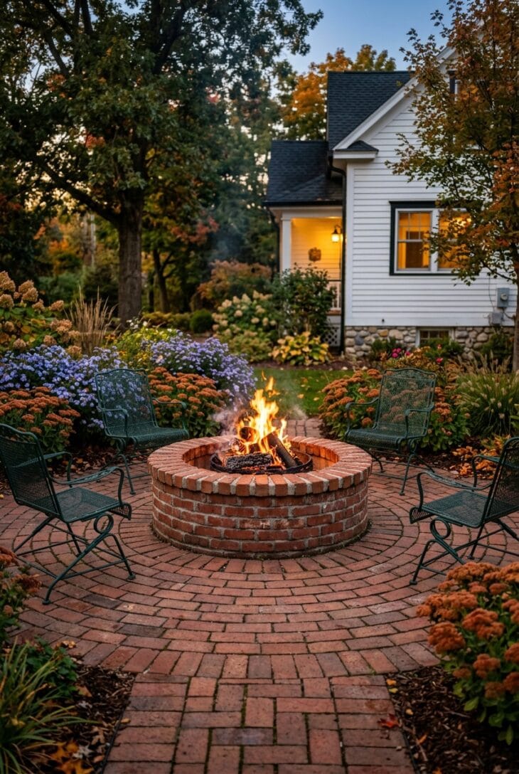 Red brick fire pit at the center of a circular brick patio laid in rings, with green metal chairs and asters