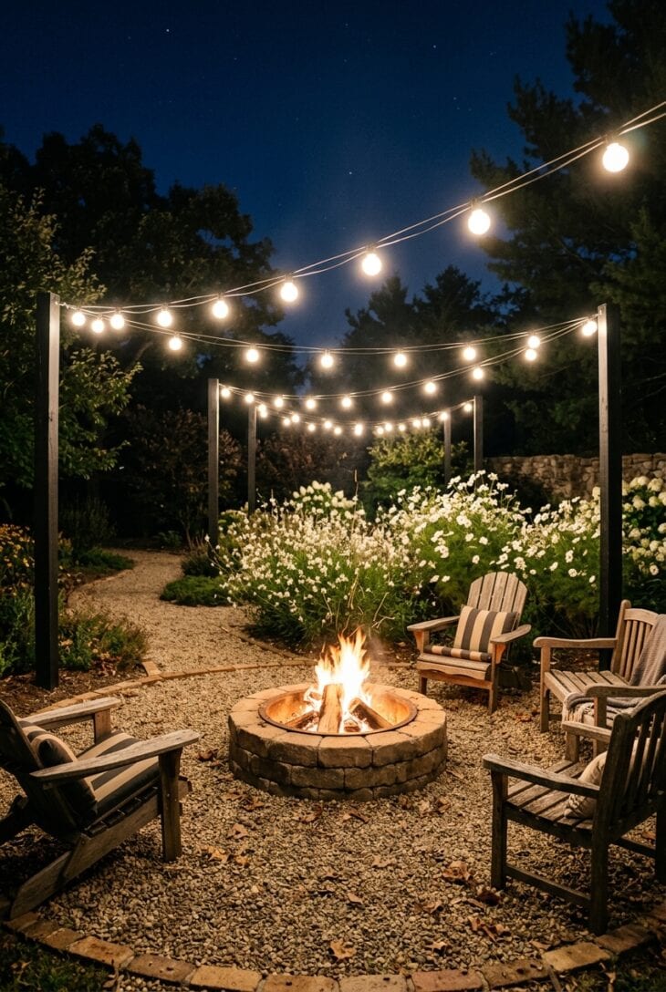 Stone fire pit on a gravel circle at night under zigzagging strings of warm globe lights hung from black posts