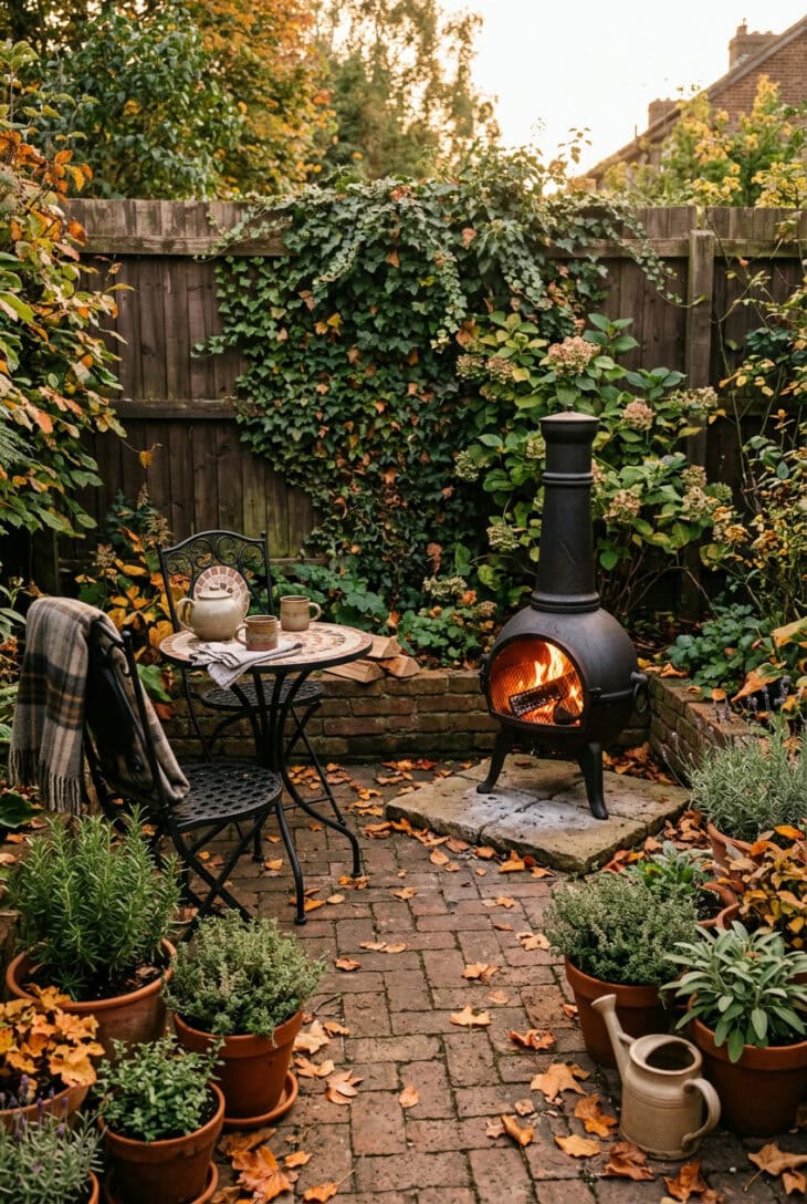 Black cast-iron chiminea with a small fire on a brick patio beside bistro chairs and terracotta herb pots