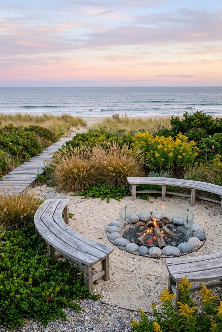 Sunken granite fire pit in pale shell gravel with driftwood benches, seaside goldenrod and grasses near the dunes at dusk