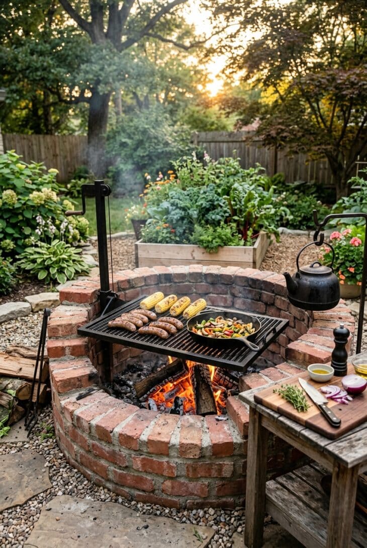 Brick fire pit with a cast-iron swing-arm grill over glowing coals, grilling sausages, corn and a skillet of vegetables