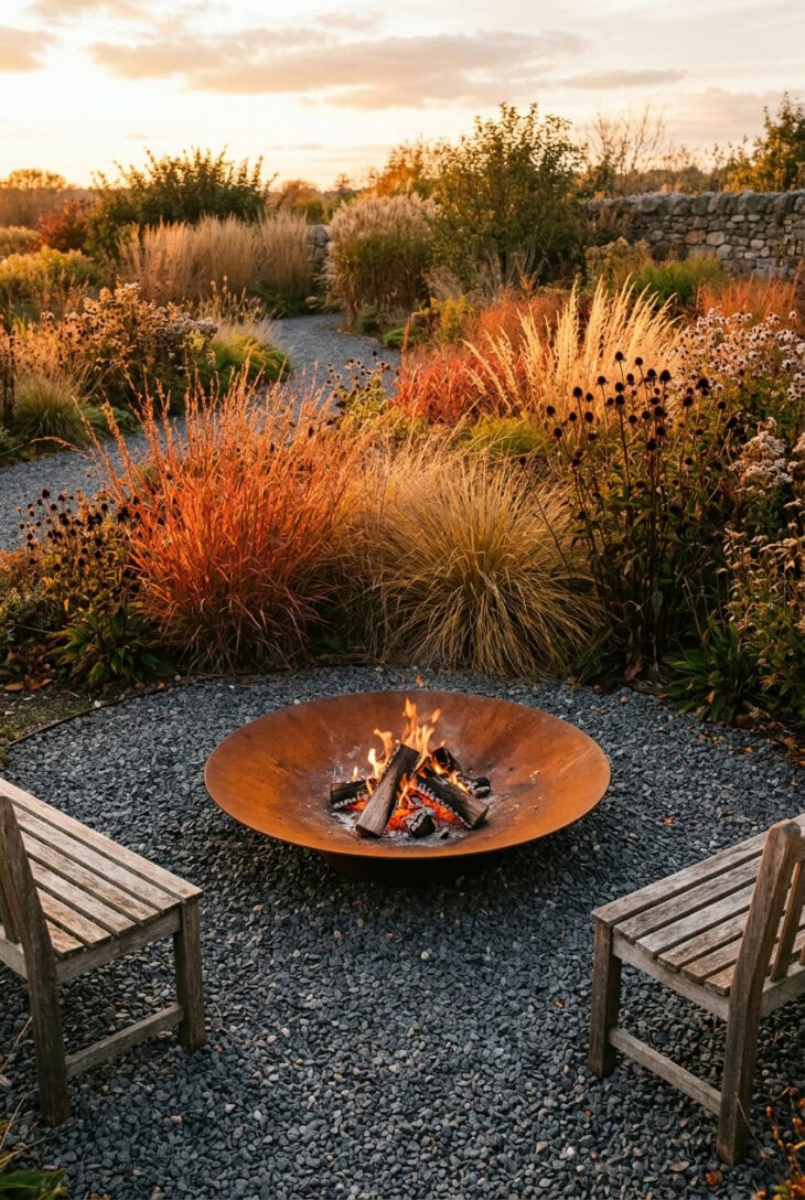 Rusty weathering steel fire bowl on dark gravel surrounded by copper prairie grasses and coneflower seedheads at sunset