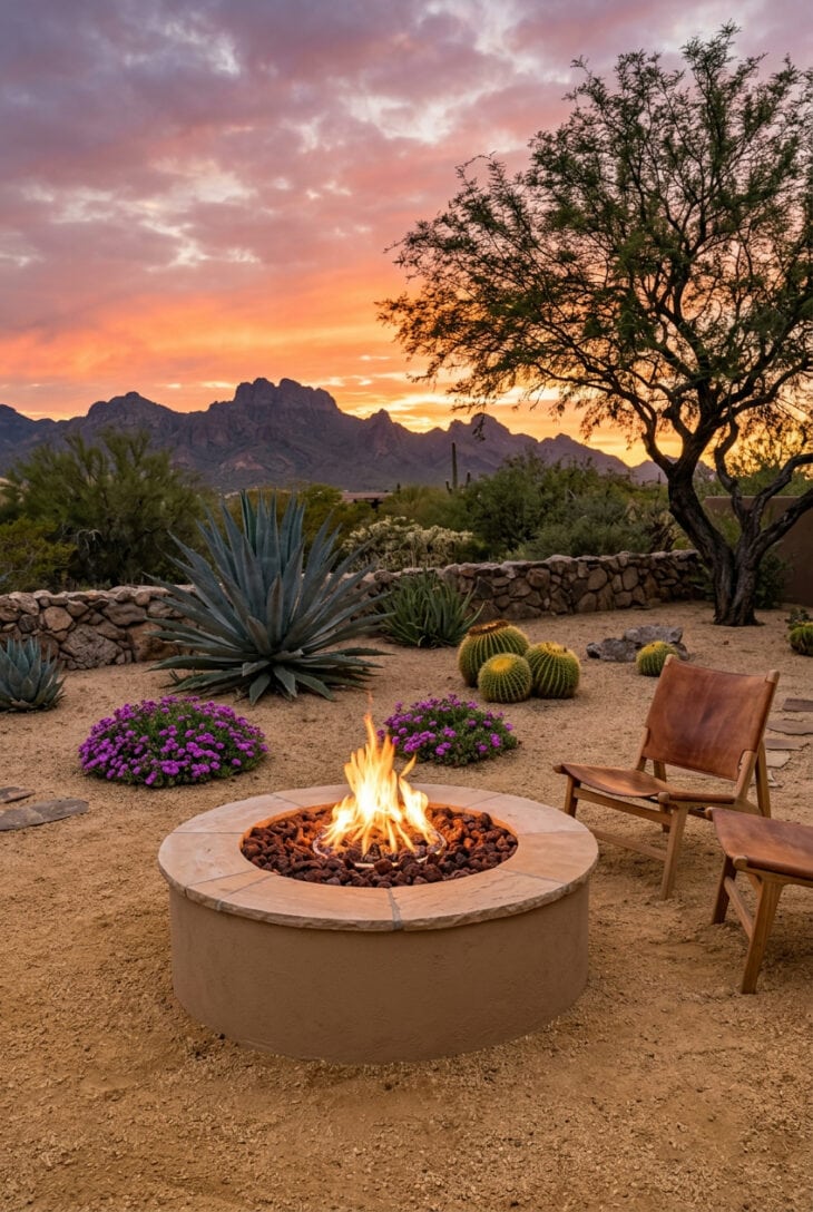 Stucco fire pit in a decomposed granite yard with century plants, barrel cactus and ice plant at a desert sunset