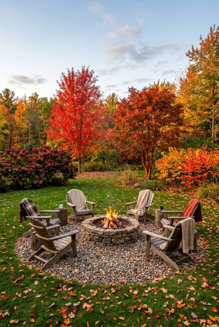 Stone fire pit in a gravel circle surrounded at a distance by red maple, paperbark maple, oakleaf hydrangea and fothergilla in fall color