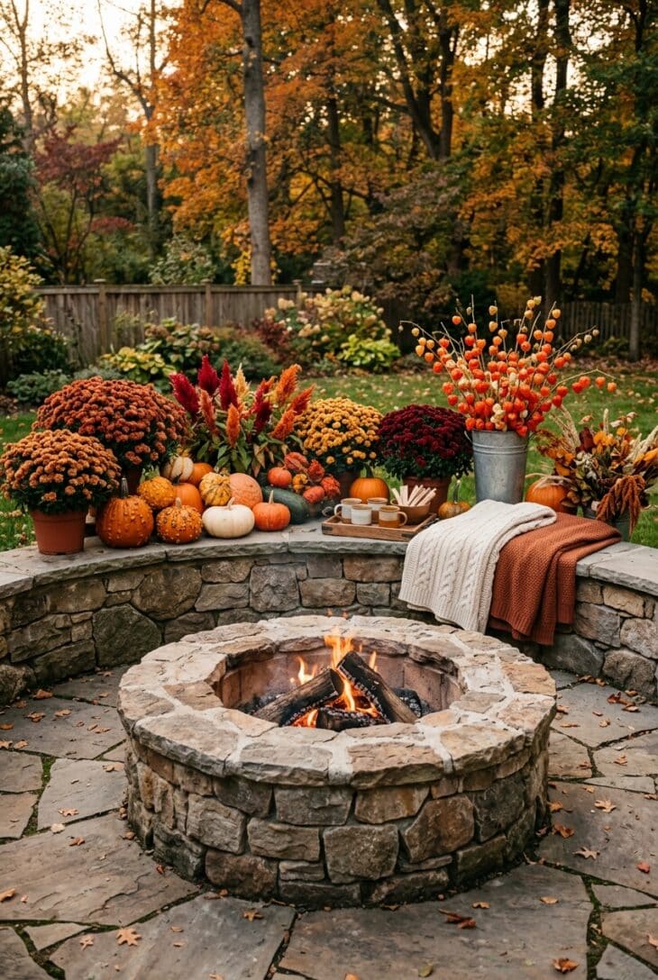 Stone fire pit in October with potted mums, pumpkins, celosia and Chinese lanterns arranged behind a seat wall