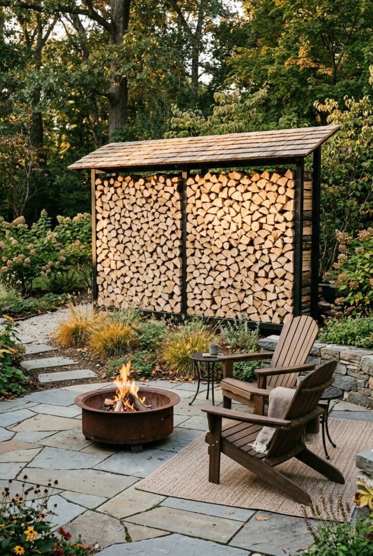 Tall steel and cedar firewood store filled with stacked logs forming a textured screen behind a fire pit