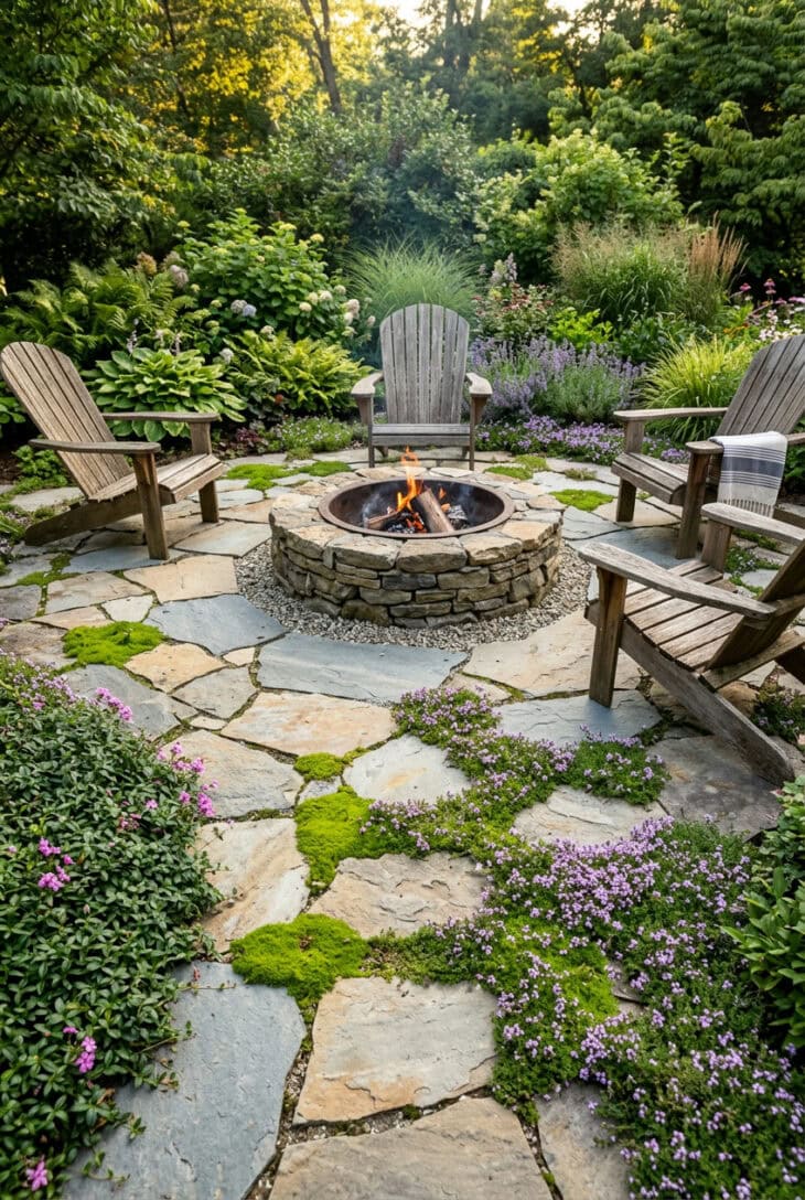 Irregular flagstone patio with gravel joints near a fire pit and moss and creeping thyme joints further out