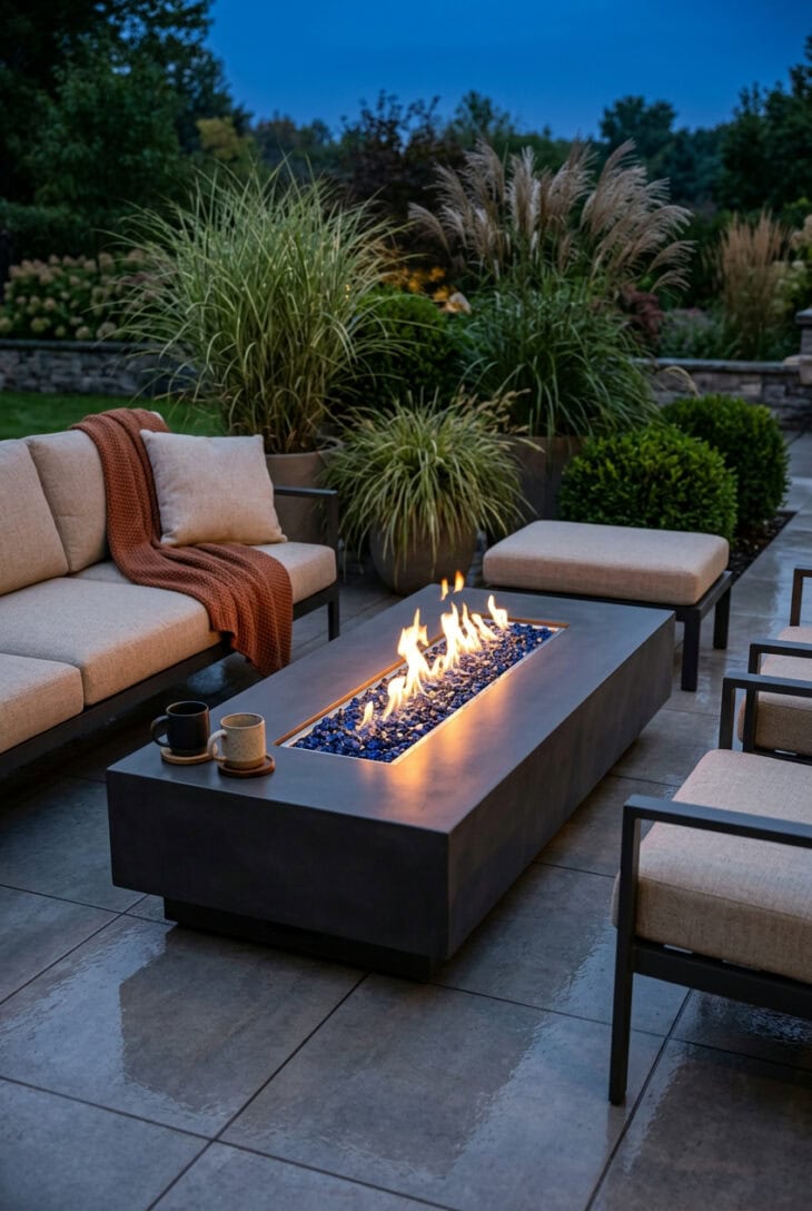 Charcoal concrete gas fire table with blue fire glass and low flames on a paver patio with a sofa and lounge chairs