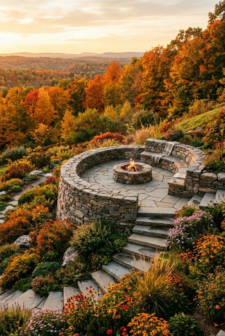 Stone fire pit on a flat terrace cut into a hillside, with a curved retaining wall, stone steps and a view over fall trees