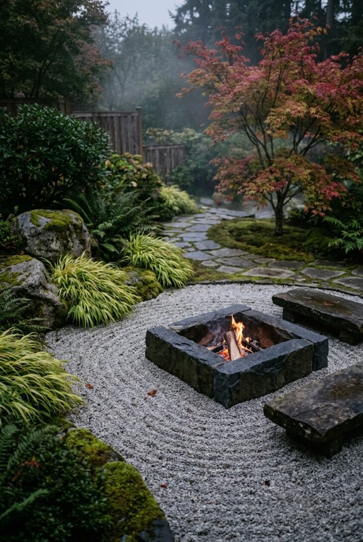 Square basalt fire pit in raked gray gravel with mossy boulders, a crimson Japanese maple and golden forest grass