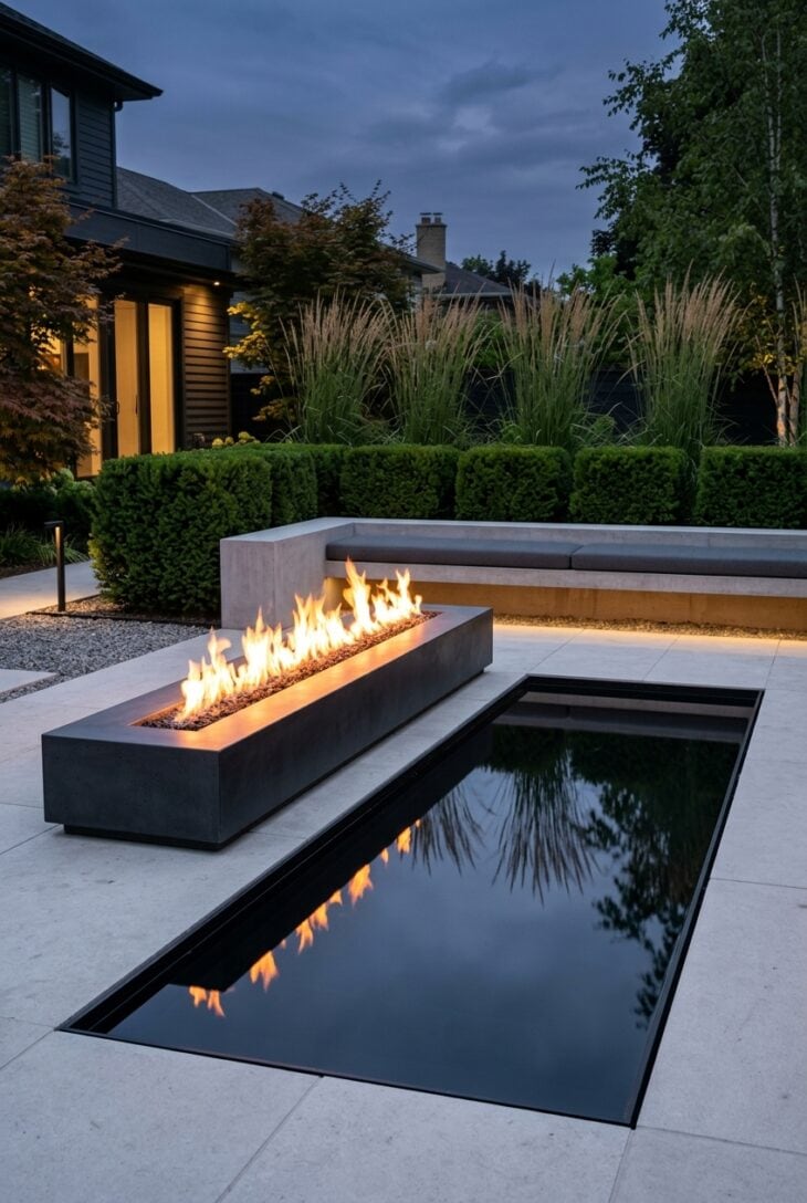Long linear gas fire trough beside a dark reflecting pool mirroring the flames in a minimal modern garden at dusk