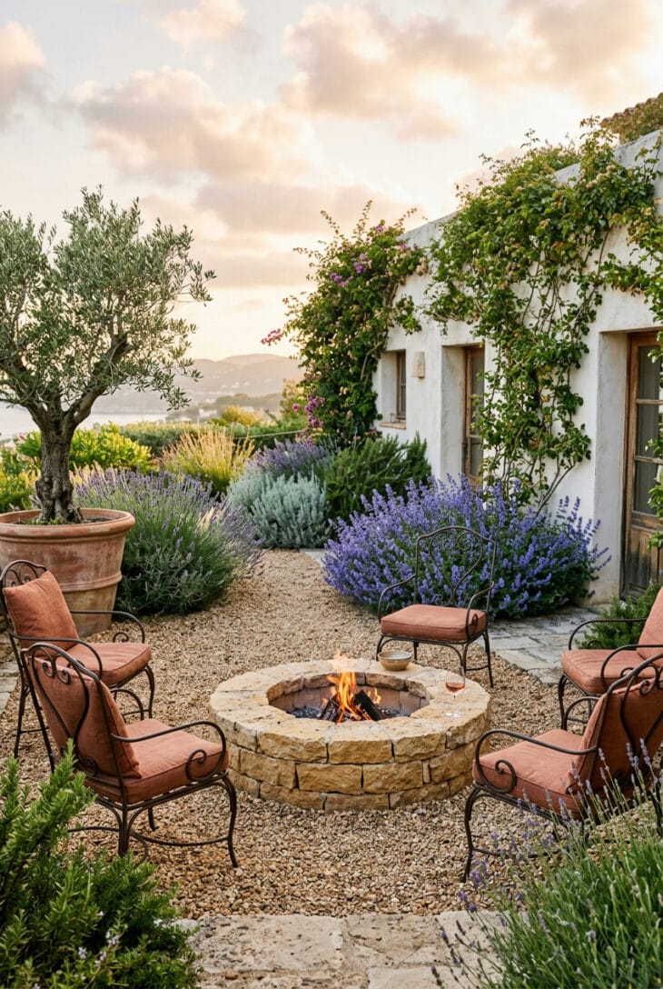 Limestone fire pit on a gravel terrace with iron chairs, lavender, catmint and a potted olive tree against a white wall