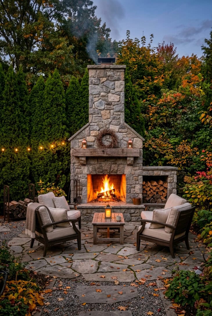 Tall fieldstone outdoor fireplace with a timber mantel and log niche facing armchairs on a flagstone patio