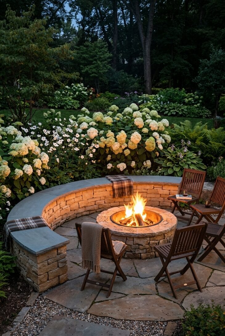 Curved stone seat wall wrapped around a fire pit on a flagstone patio, backed by white hydrangeas glowing at dusk